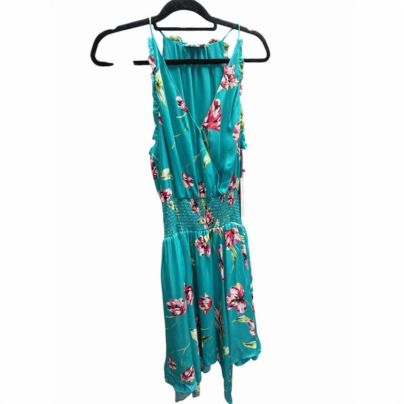 Parker Nolen Dress Womens S Teal Floral Sleeveless V-Neck Midi Smocked - Picture 2 of 7